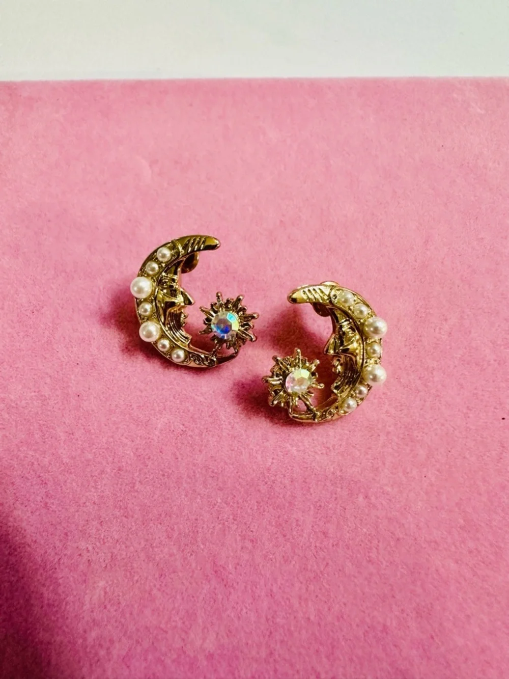 Gold Crescent Moon Sun Stud Earrings